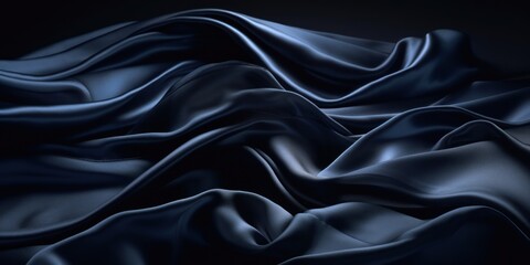 Dark blue vintage silk satin. Dark blue color. Luxury elegant background for design. Creases in fabric. Drapery. Shiny smooth silky surface. Wedding, romance. Wide banner. Panoramic
