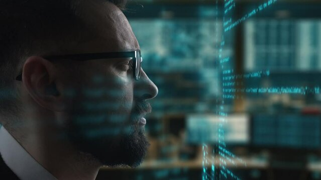 Software online network developer is working with pc. Senior coder programming. Soft and blockchain app coding. IT programmer working on desktop computer