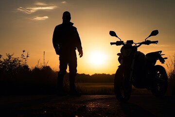 Silhouette of a biker with a motorcycle against the backdrop of the setting sun. Generative ai.