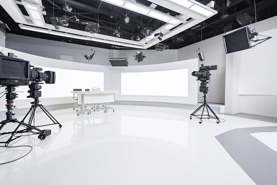 Big white TV broadcast studio with cameras and bright lights. Generative ai.