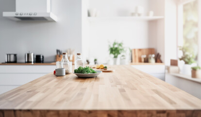 Wooden light empty table top in modern white kitchen, kitchen panel in interior. Template showcase scene for advertising products