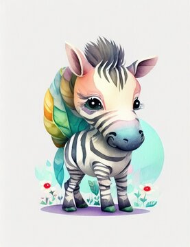 (A cute illustration of a baby vintage watercolour zebra), t shirt design,adorable, fluffy, charming, whimsical, woodland cute animal, pastel tetradic colours, 3D vector art, cute and quirky, fantasy 