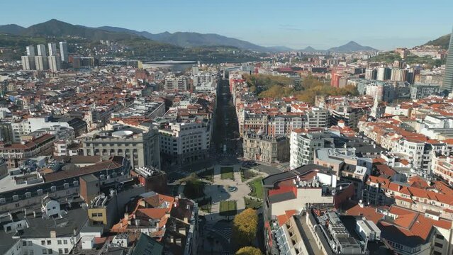 Drone view of buildings in the city of Bilbao, Spain