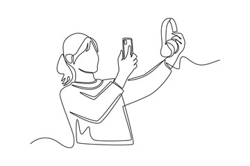 Single one line drawing happy girl share photo of her favorite item with smartphone. Social media concept. Continuous line draw design graphic vector illustration.