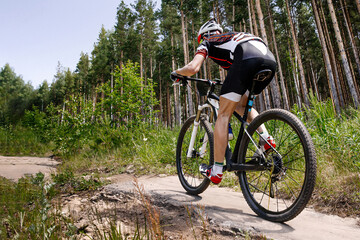 Fototapeta na wymiar rear view male cyclist riding forest trail on mountainbike, summer cross country cycling race