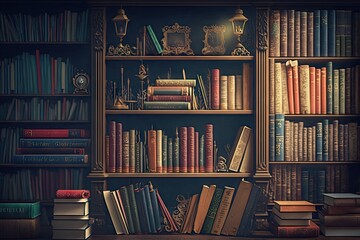 bookshelf overflowing with books of different genres and styles, created with generative ai