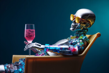 Cute robot with sunglasses, chilling on a beach chair with a cocktail in his hand. Generative AI