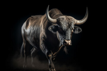 Naklejka premium A massive bull walking angrily. Isolated on black. Generative AI