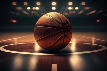Mysterious Basketball Court: Dramatic Atmosphere in a Darkened Room with a Ball in Focus. Generative AI