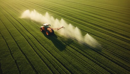Nurturing the Land: Aerial View of a Tractor Spraying Lush Green Fields. Generative AI