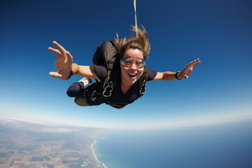 Young athletic woman skydiving and smiling. Generative AI - obrazy, fototapety, plakaty