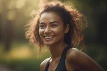 Beautiful young woman streching her body outdoor and smiling. Generative AI