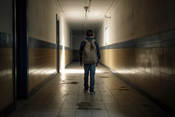 Young Boy Standing with Backpack in Empty Hallway. Generative AI.