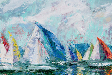 Fragment of colorful oil painting on canvas depicting sailing boats over water. Impasto artwork. Impressionism art.