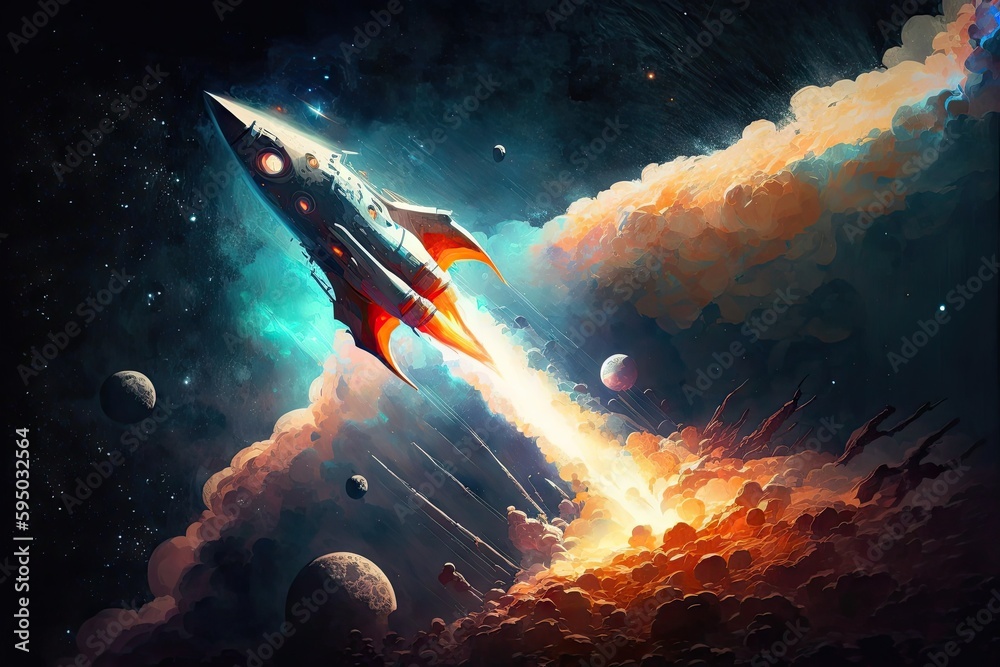 Wall mural a rocket ship, flying through the stars and nebulae in outer space, created with generative ai