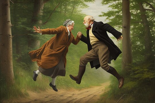 Celebrating Life Together: Older Couple Jumping in the Woods. Generative AI