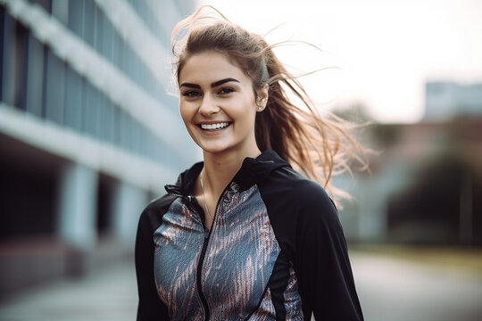 Beautiful athletic young woman in sports outfit jogging outdoor. Generative AI