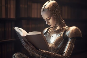 Cosmic Wisdom: Futuristic Robot Girl Reading a Book in Space. Generative AI