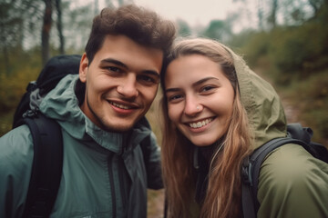 Young couple outdoors hiking. Generative AI