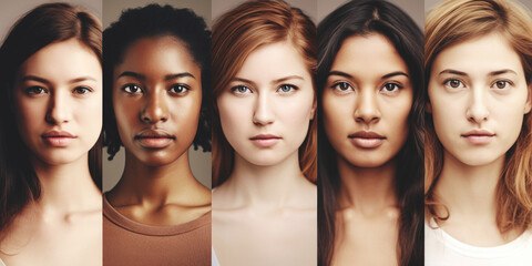 Obraz premium Portrait of a group of young beautiful mixed race women AI generative art