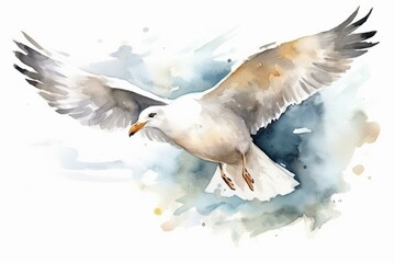 Beautiful seagull flying in the sky. Watercolor illustration, isolated on a white background. Generative AI