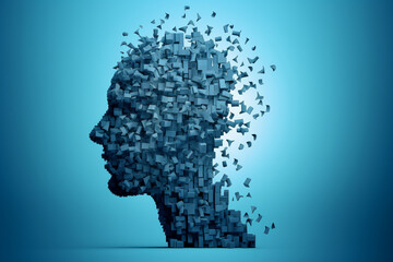 Human head disintegrating into little pieces. Coceptual illustration. Generative AI