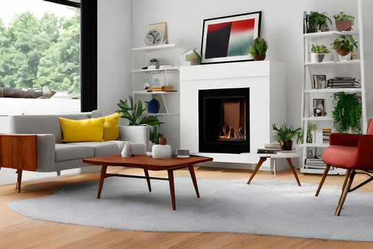 a photo of mid century modern house living room interior design