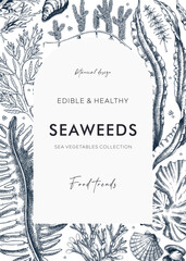 Edible seaweed card or invitation design. Sea algae in sketch style. Vector frame with kelp, wakame, kombu, and hijiki illustrations. Healthy food ingredients banner. © sketched-graphics