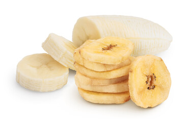 banana pieces fresh and dried isolated on white background with clipping path and full depth of field.