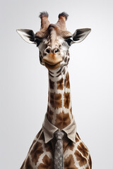 Obraz premium Giraffe in a stylish business suit. Portrait of a business funny animal , created with Generative AI technology