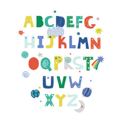 Space childish alphabet. Cute poster or print. Vector hand drawn illustration.	 - 595034345