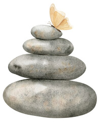 Fototapeta na wymiar Stack of flat Pebbles with butterfly. Hand drawn watercolor illustration of balancing gray stones on isolated background. Drawing of rocks for meditation. Relaxing sketch for spa or Zen design.