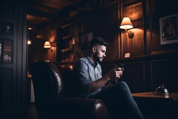 Obraz na płótnie Canvas Young man using a smartphone inside a modern and comfortable living room. Generative AI