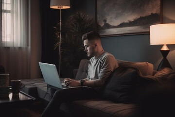 Young man working on a laptop in a modern comfortable livingroom. Generative AI