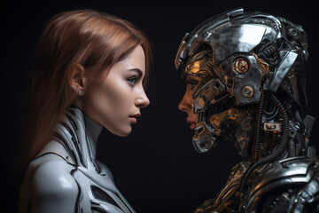 Woman vs robot, conceptual illustration. Generative AI