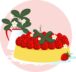 Strawberry still life style vector illustration. Strawberry cake or pie on a plate and a jug with blossoms and leaves.