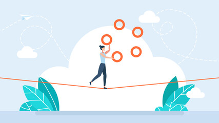 Businesswoman juggling with rings on rope. Juggler woman manager showing skill and ease of control in management multitasking. Wealth management. Business risk concept. Flat illustration