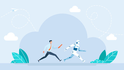 A man passing a relay baton to a robot. Cooperation between a robot and a person. Artificial intelligence. Running businessman passes a baton to robot humanoid relay race. Flat illustration