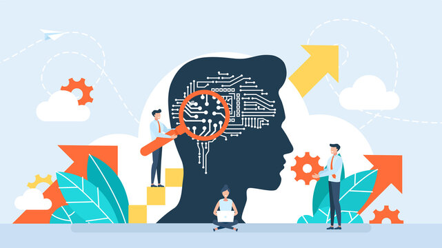 Brain with the neural network on laptop and scientists, tiny people. Human head with a computer chip. Artificial intelligence, machine learning. Data, brain with a digital circuit. Flat illustration