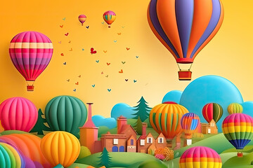 colorful illustration of many hot air balloons flying over a small town on yellow background. Ai generative