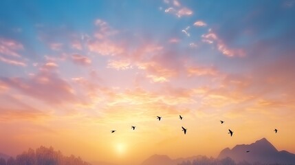 Obraz premium Beautiful Peaceful Spring Morning Sky with Birds