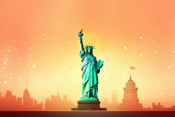 Independence Day greeting card or banner design with the Statue of Liberty, fireworks decoration; Copy space. AI generative