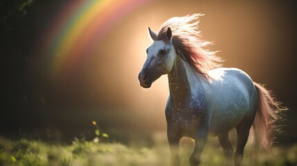 Obraz na płótnie Canvas a white horse with red mane standing in a field with a rainbow in the sky behind it and a rainbow in the background with a rainbow in the sky. generative ai
