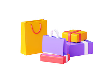 Shopping bag and box pile 3d render - group of various shop and gift paper packs.