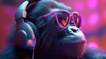 Cool gorilla wallpaper with headphones and sunglasses. Created with generative Ai technology