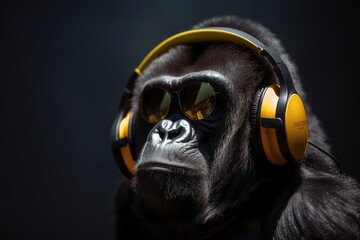 Cool gorilla wallpaper with headphones and sunglasses. Created with generative Ai technology