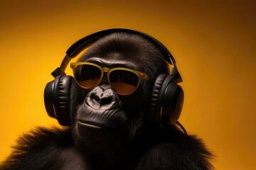 Cool gorilla wallpaper with headphones and sunglasses. Created with generative Ai technology