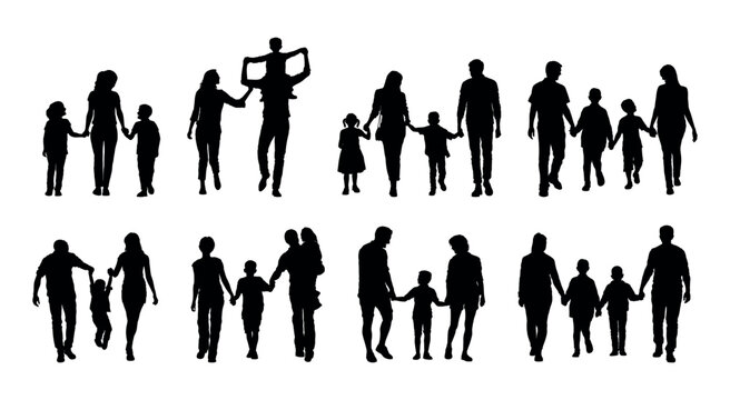 Happy family walking together various poses vector silhouette set.