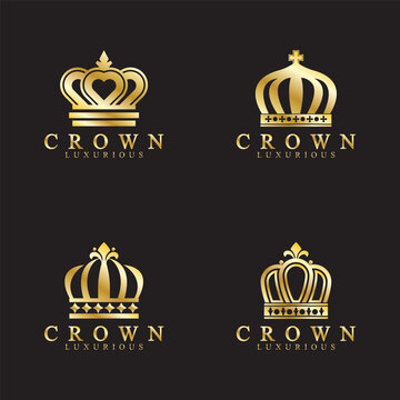 Gold crown icons. Queen king golden crowns luxury Logo Design Vector on black background