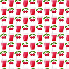 Glass of cherry juice and cherries seamless pattern. For labels, menus, poster, print, or packaging design. Vector illustration